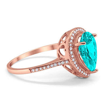 Halo Teardrop Pear Rose Tone, Simulated Paraiba Tourmaline CZ Ring 925 Sterling Silver
